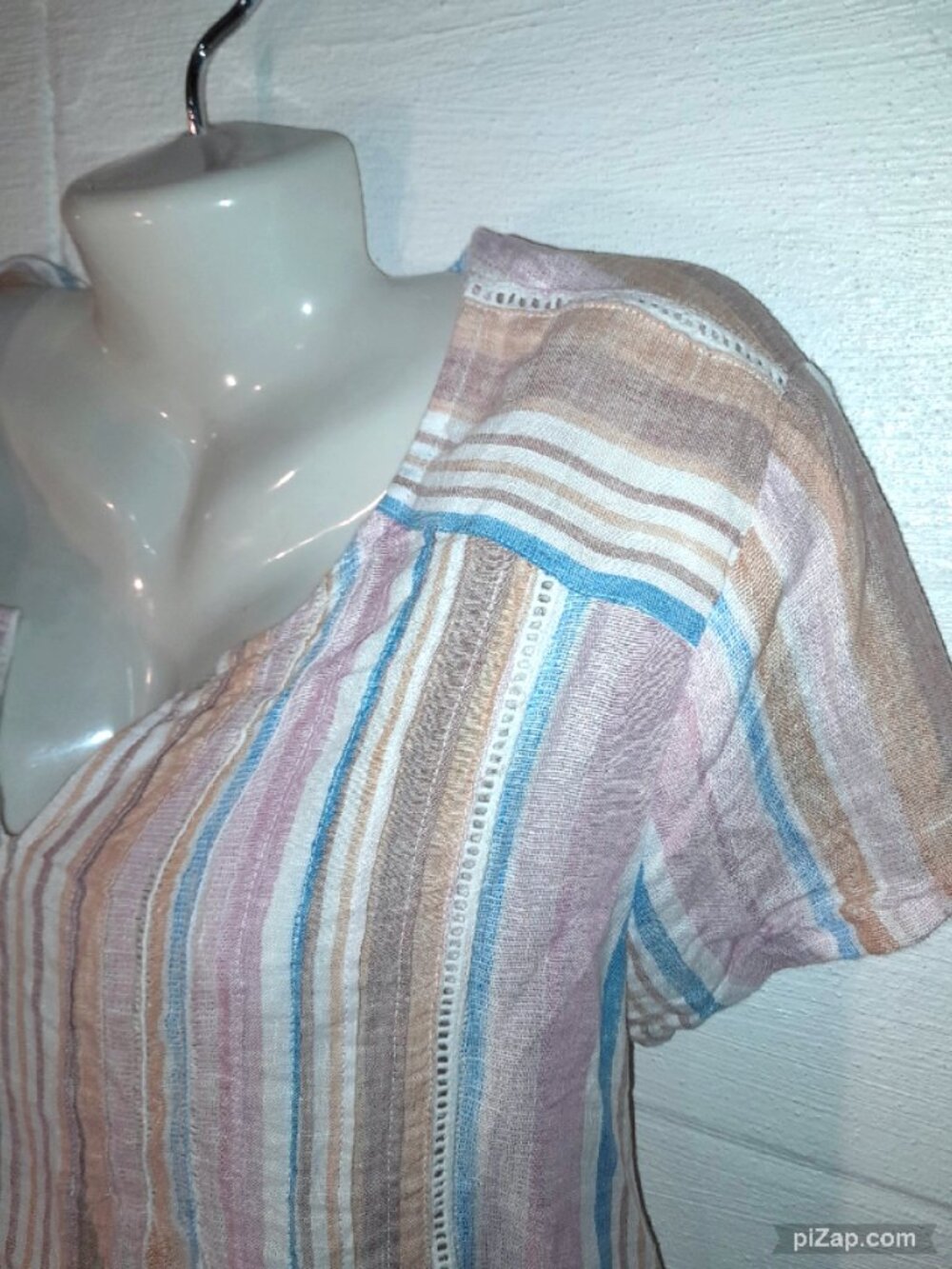C&C California 100% Linen Pastel Striped Short Sleeve Blouse Top Pleated Women L - Picture 4 of 7